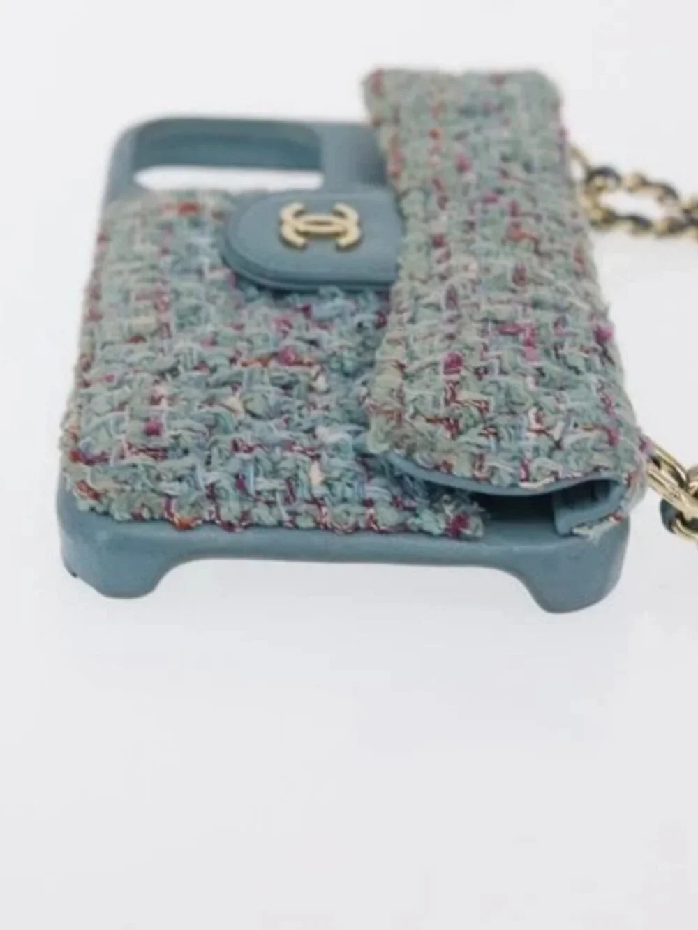 CHANEL iPhone Case Tweed Light Blue CC Auth bs32870